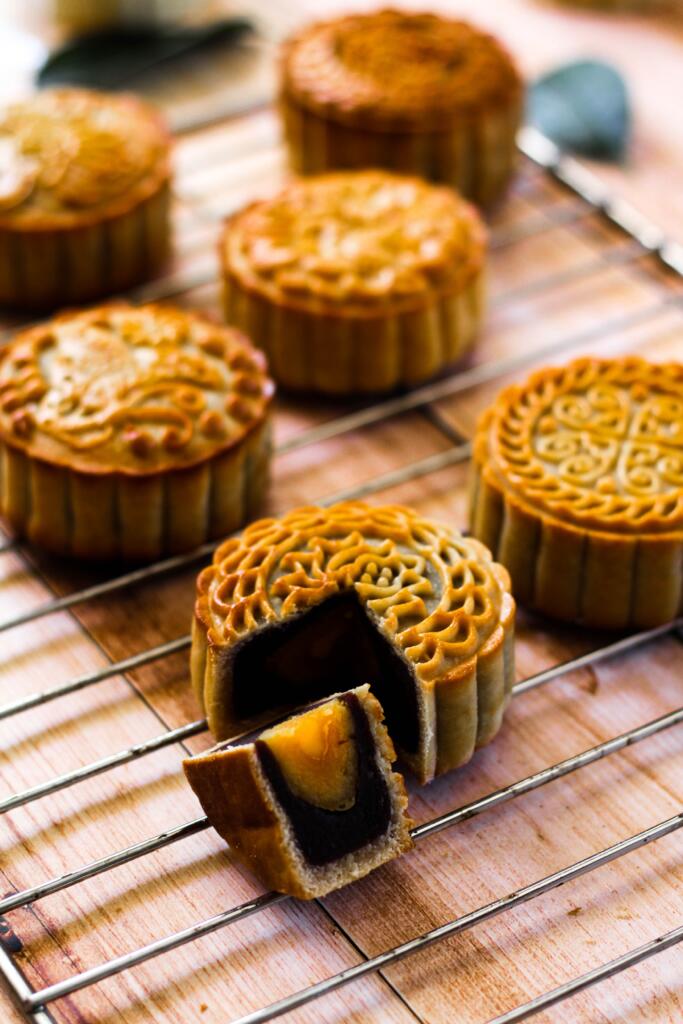 Eating and gifting of mooncakes is a practice during the celebration of the Mid-Autumn Festival. The image shows appetizing mooncakes.